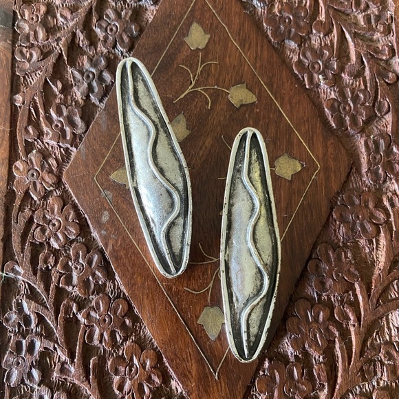 Silver Plated Long Handmade Charm Earrings Oval Moroccan Artisan 90s - Picture 1 of 3